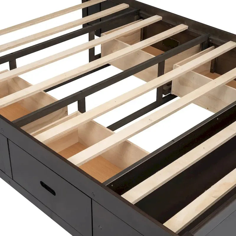 Lit plateforme avec tête de lit de rangement, range-chaussures et 4 tiroirs