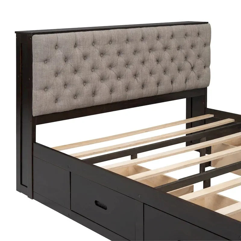 Lit plateforme avec tête de lit de rangement, range-chaussures et 4 tiroirs