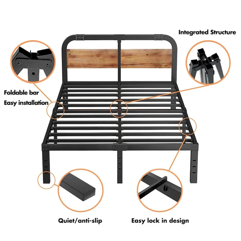 Cadre de lit avec tête de lit rustique en bois de 14 pouces, support de lattes en acier robuste, aucun sommier tapissier requis