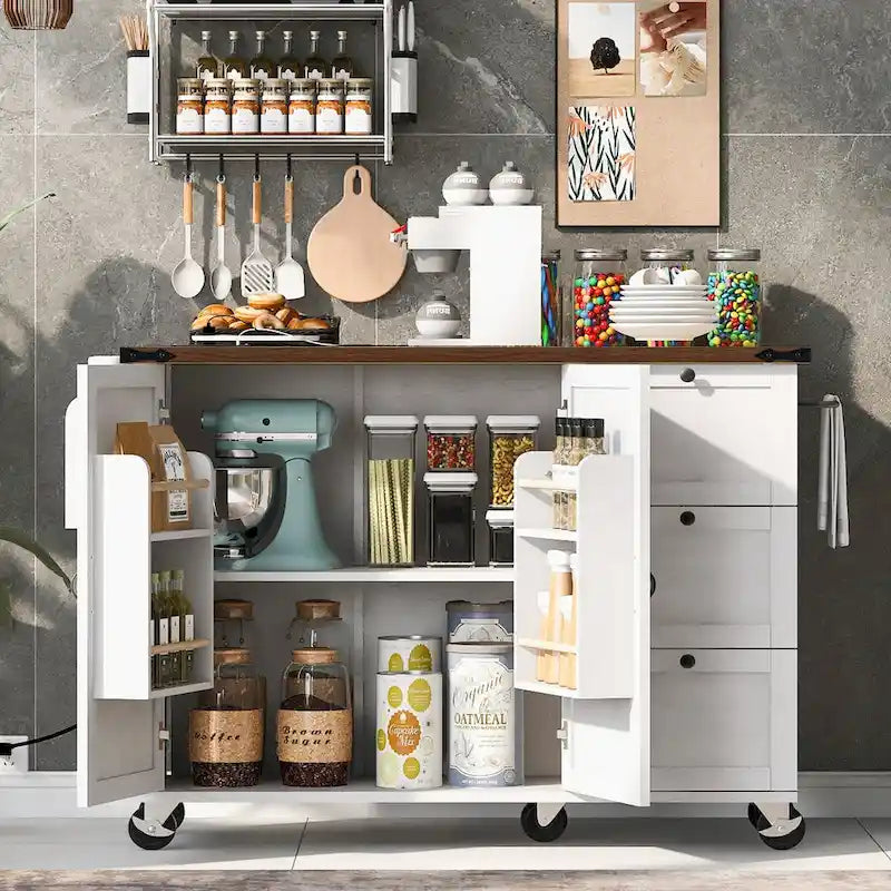 54.5 farmhouse kitchen island with electrical outlets, rolling kitchen cart with wheels