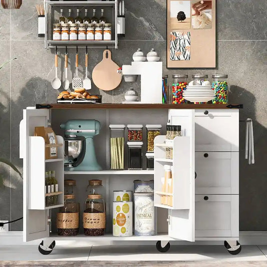 54.5 farmhouse kitchen island with electrical outlets, rolling kitchen cart with wheels