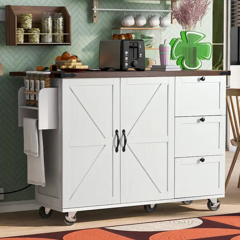 54.5 îlot de cuisine de ferme avec prises électriques, chariot de cuisine roulant avec roues