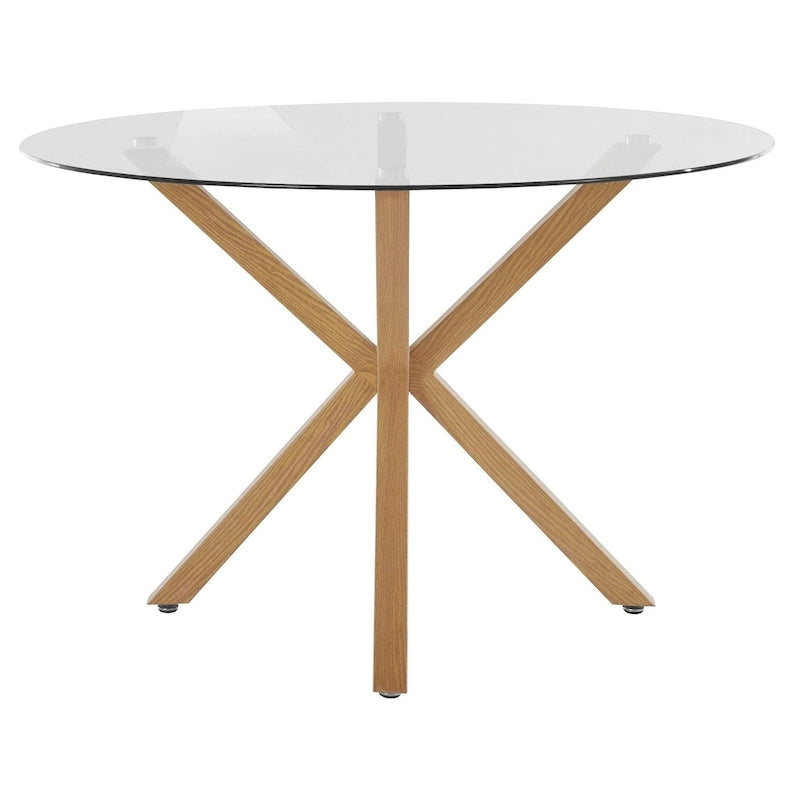 Table à manger carrée en verre avec pieds en métal imitation chêne – 4 places, garantie 1 an